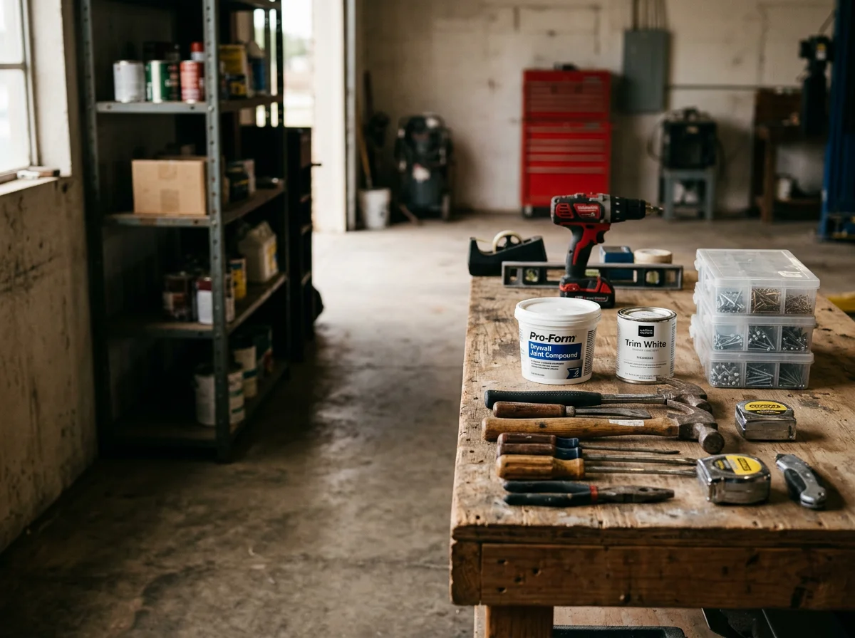 Handyman tools and materials organized on a work surface, ready for service calls.