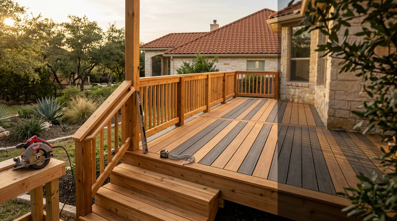 Carpenter installing wooden deck railing