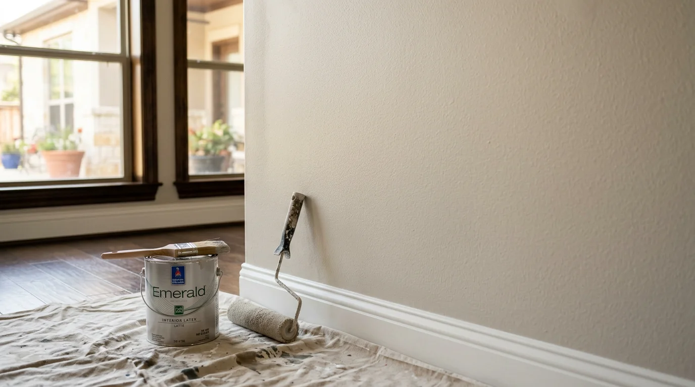 Professional painter applying exterior paint to residential home
