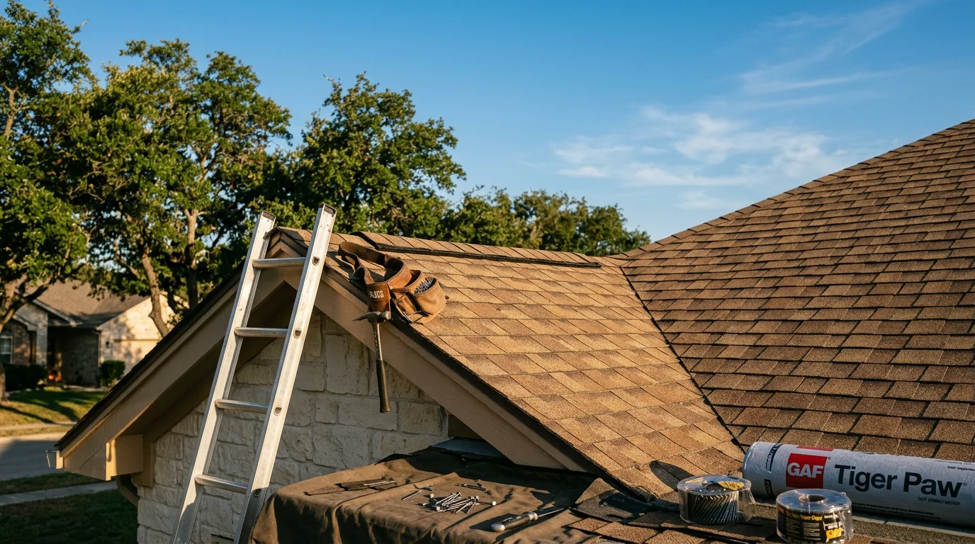 Roofer installing shingles on residential roof