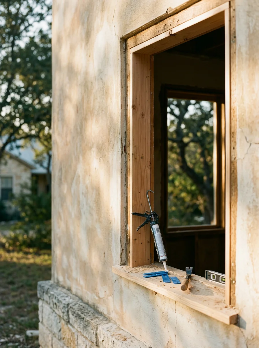 New window installation in progress on an older Boerne home, showing the wood frame opening being prepped before the replacement unit is set.