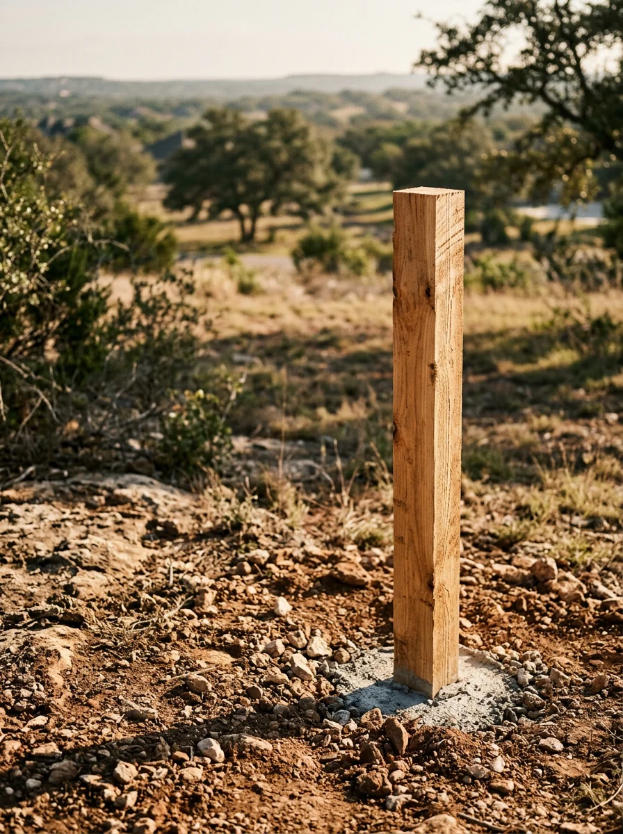 Close-up of a freshly installed cedar fence post set in rocky Hill Country soil on a Bulverde residential property.