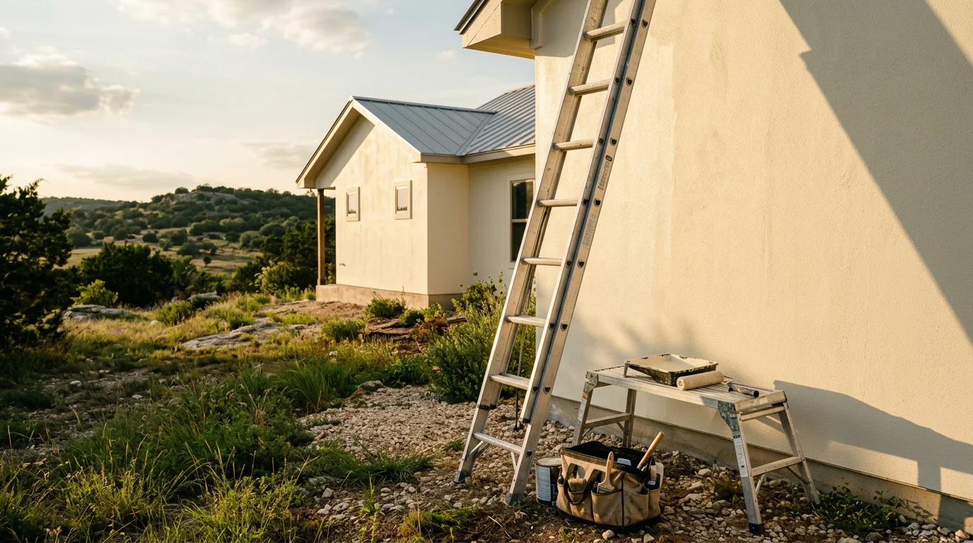 A handyman applying exterior paint to a large single-family home on an acreage lot in Bulverde, Texas, with Hill Country terrain visible in the background.