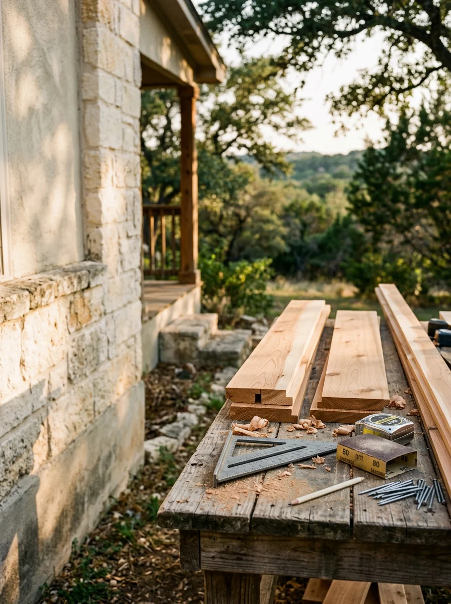 Carpentry repair work on wood fascia and trim on an established Helotes subdivision home, showing new wood sections being fitted before painting.