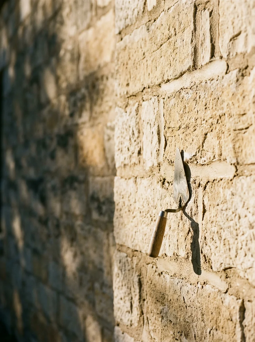 Masonry repointing work on a historic limestone block home in the Gruene area of New Braunfels, Texas.