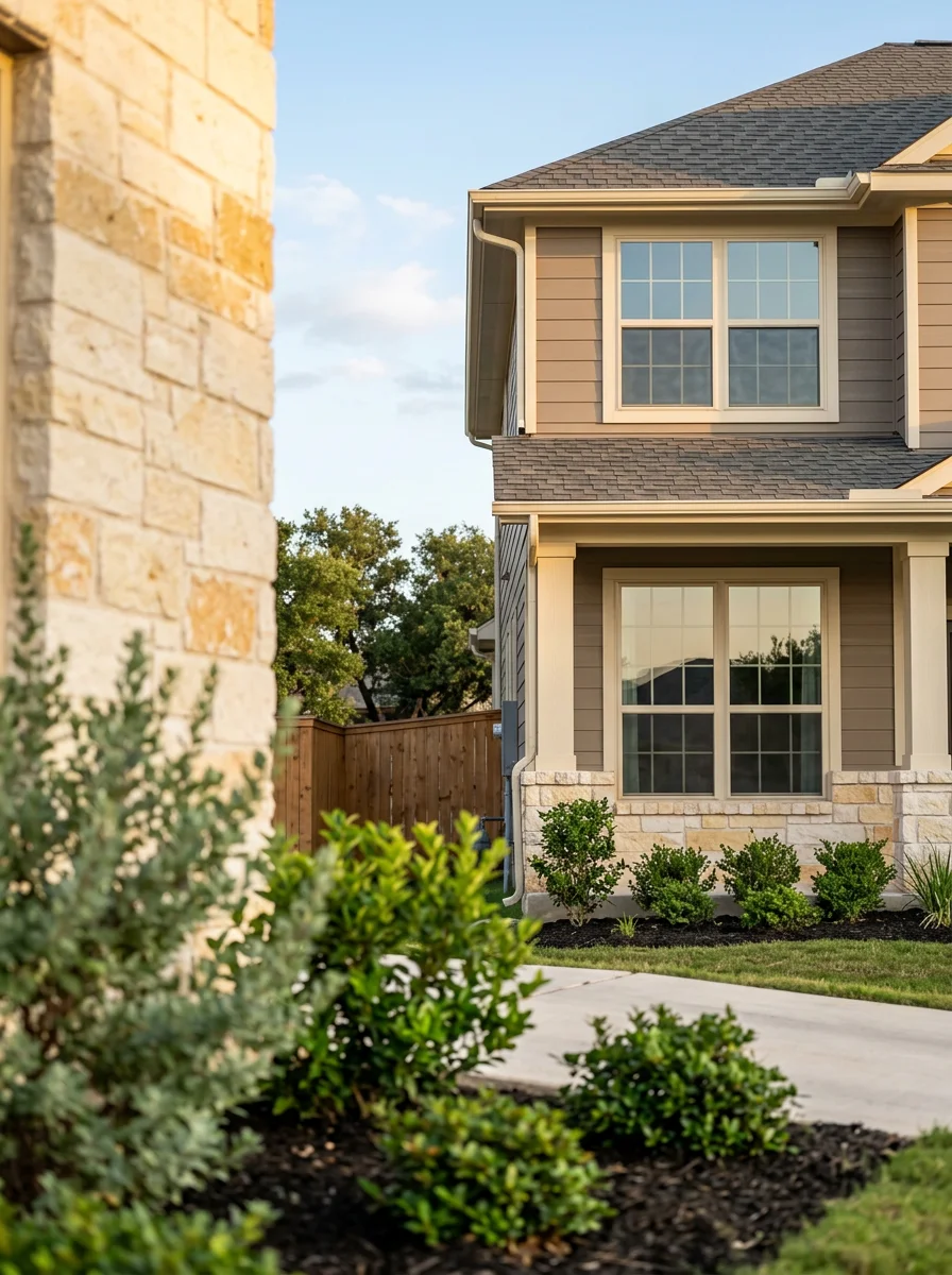 Freshly painted exterior of a two-story Stone Oak home with limestone facade details, showing HOA-compliant color on trim and body.