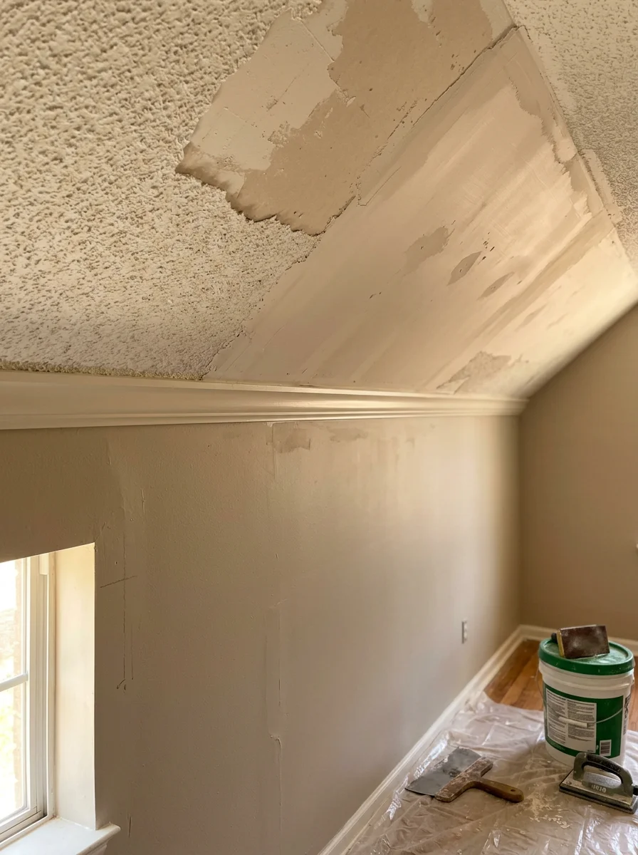 Interior view of a Timberwood Park home with popcorn ceiling being removed and the smooth skim coat applied in preparation for painting.