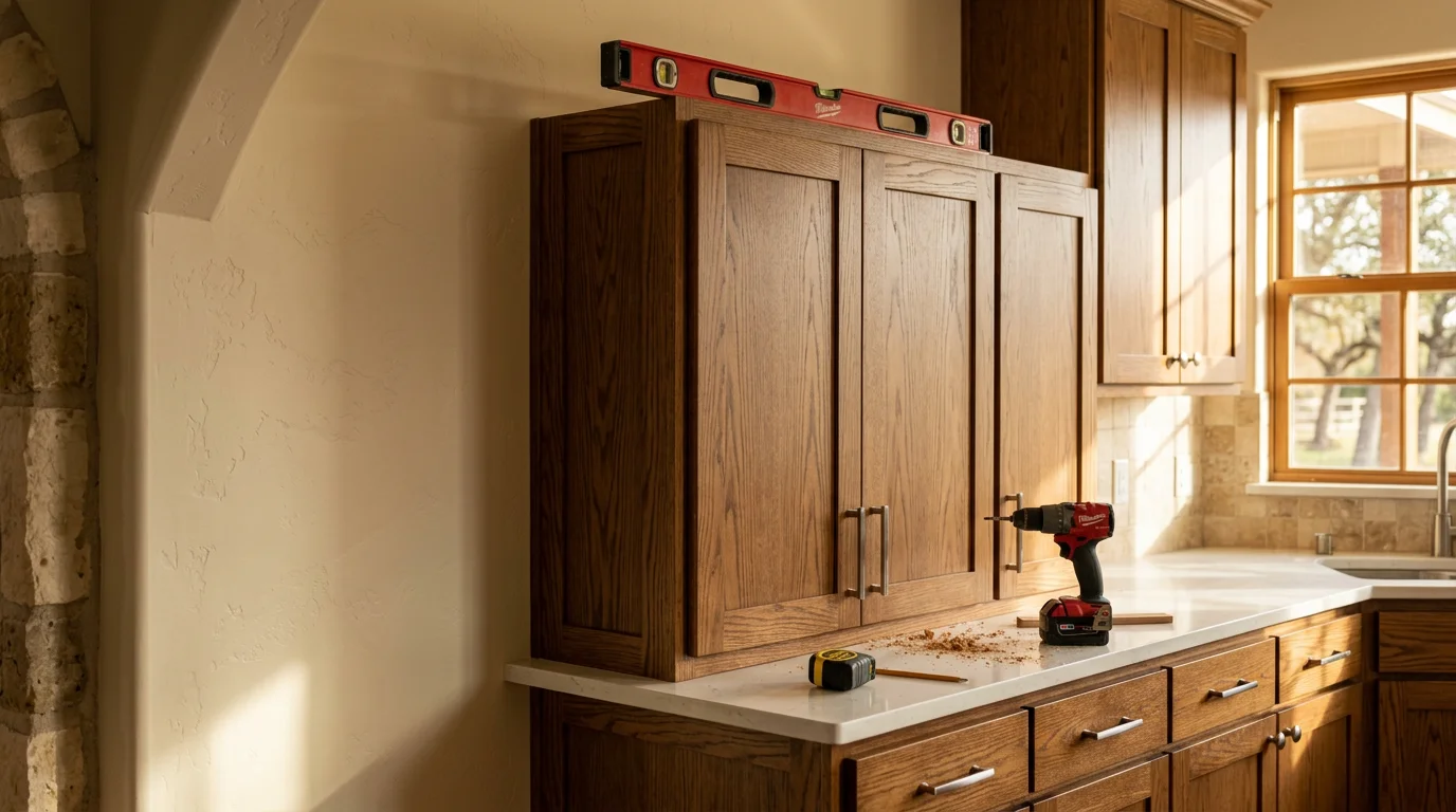 Freshly installed white shaker cabinet doors and matching drawer fronts in a Bulverde kitchen with Hill Country-style natural light. A carpenter adjusts the hinge alignment on a wall cabinet during a residential cabinet installation project.
