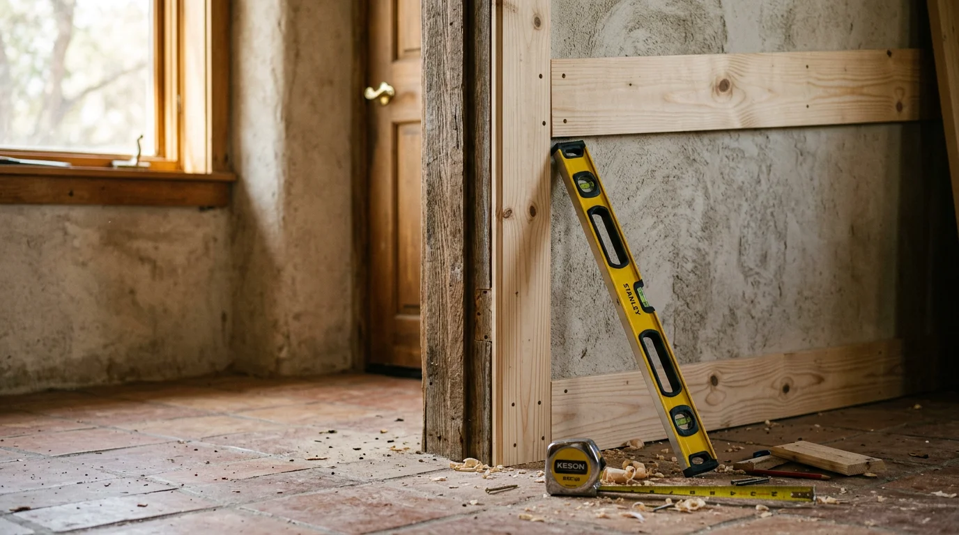 A carpenter repairing rotted exterior window trim on a single-family home in Bulverde, Texas. Close-up view shows fresh wood fitted into a repaired frame on a Hill Country residential property.