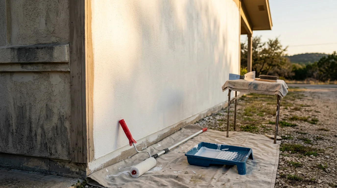A freshly painted commercial building exterior in Bulverde, Texas, showing clean walls and sharp trim under bright South Texas sunlight. A True Handyman Services painter applies a smooth, even coat to a small business facade in the Hill Country area.