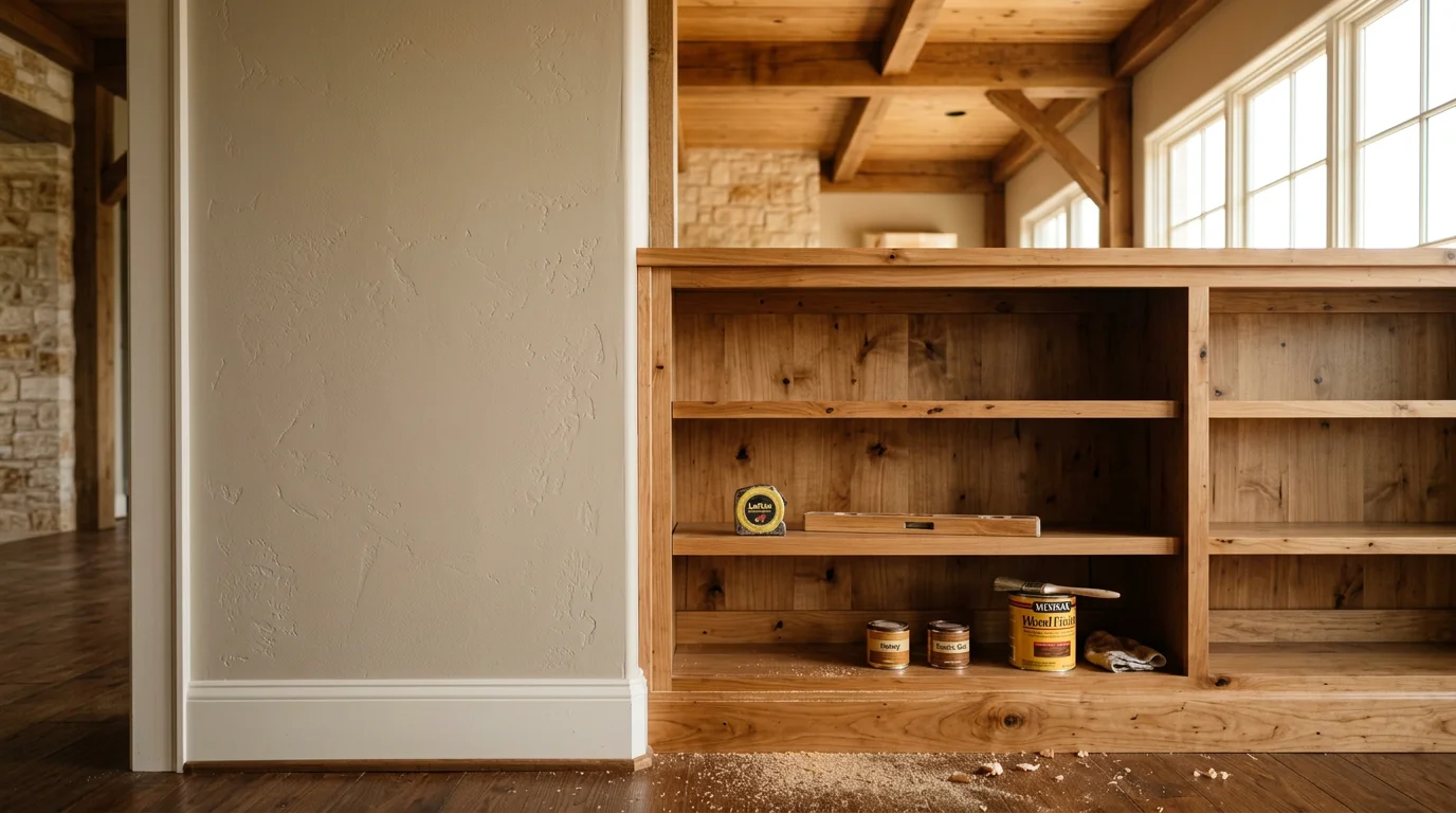 Custom built-in wood shelving with warm-toned trim installed in a Bulverde Hill Country home living room. The woodwork features clean joints and a natural finish that complements the home's rustic interior style.