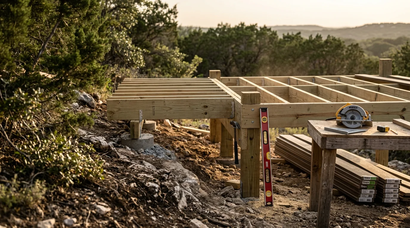 A newly built wood deck attached to a single-story home in Bulverde, Texas, with railing along the perimeter and a view of a sloped Hill Country backyard. The deck surface is clean and level, showing fresh framing and finished boards suited for outdoor living in the Texas climate.