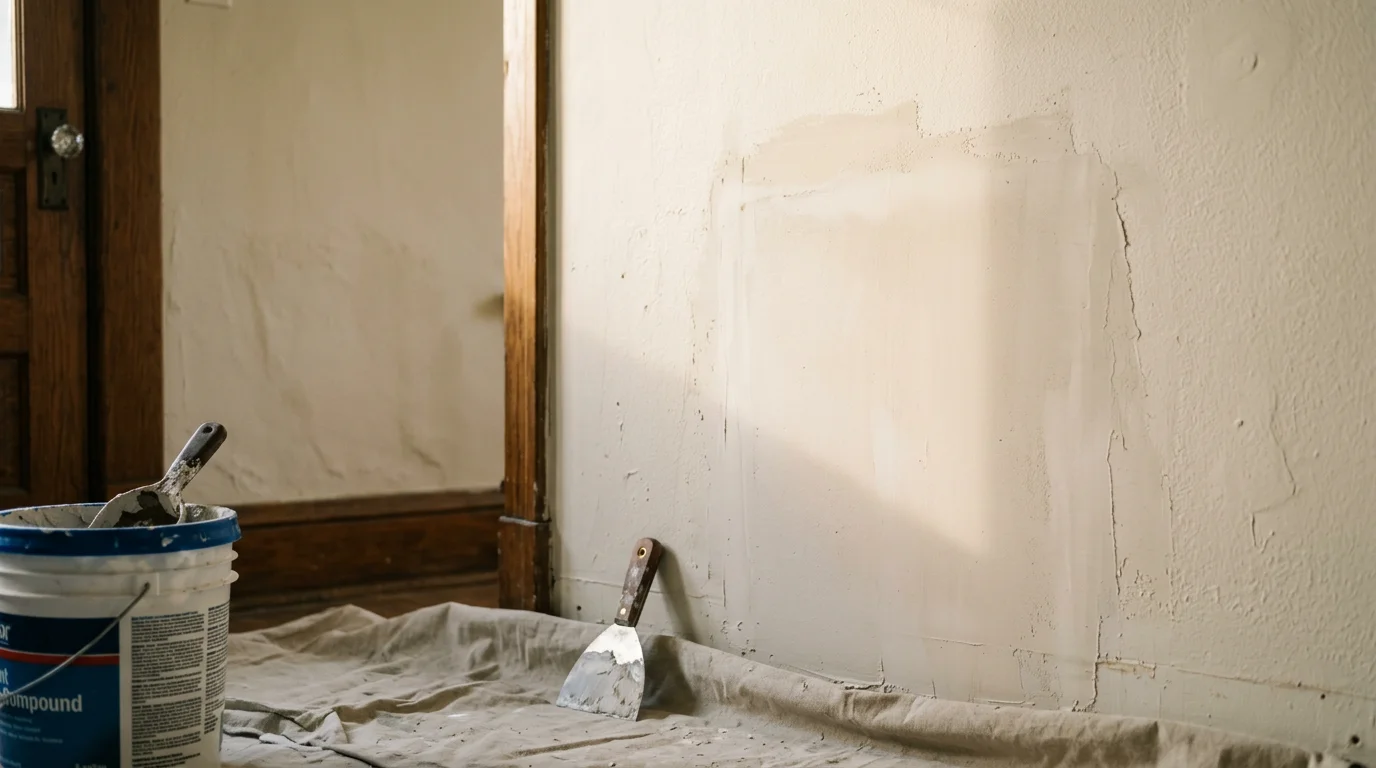 A smooth, freshly patched section of interior drywall in a Bulverde home, with texture blended to match the surrounding wall surface. The repair area shows no visible seam or patch line against the painted wall.