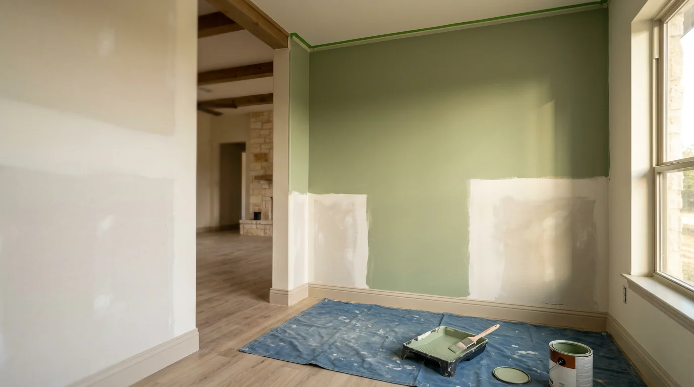 Freshly painted interior living room walls and white trim inside a single-family home in Bulverde, Texas. Clean edges where the wall meets the ceiling and door frames show careful prep and finish work.