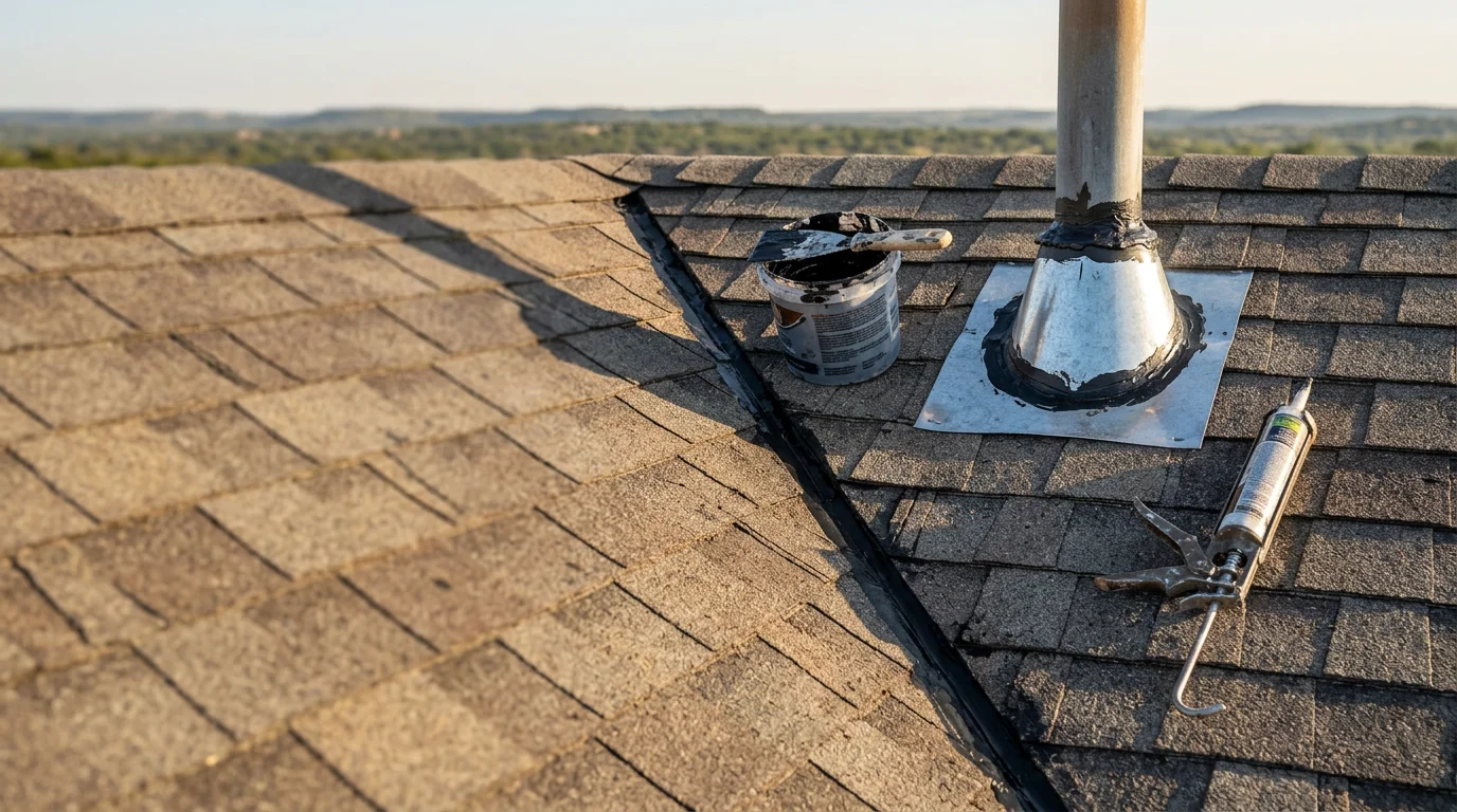 A roofing contractor inspecting damaged flashing and lifted shingles on a residential roof in Bulverde, Texas after a Hill Country storm. Close-up view shows the leak source area being assessed before repair.