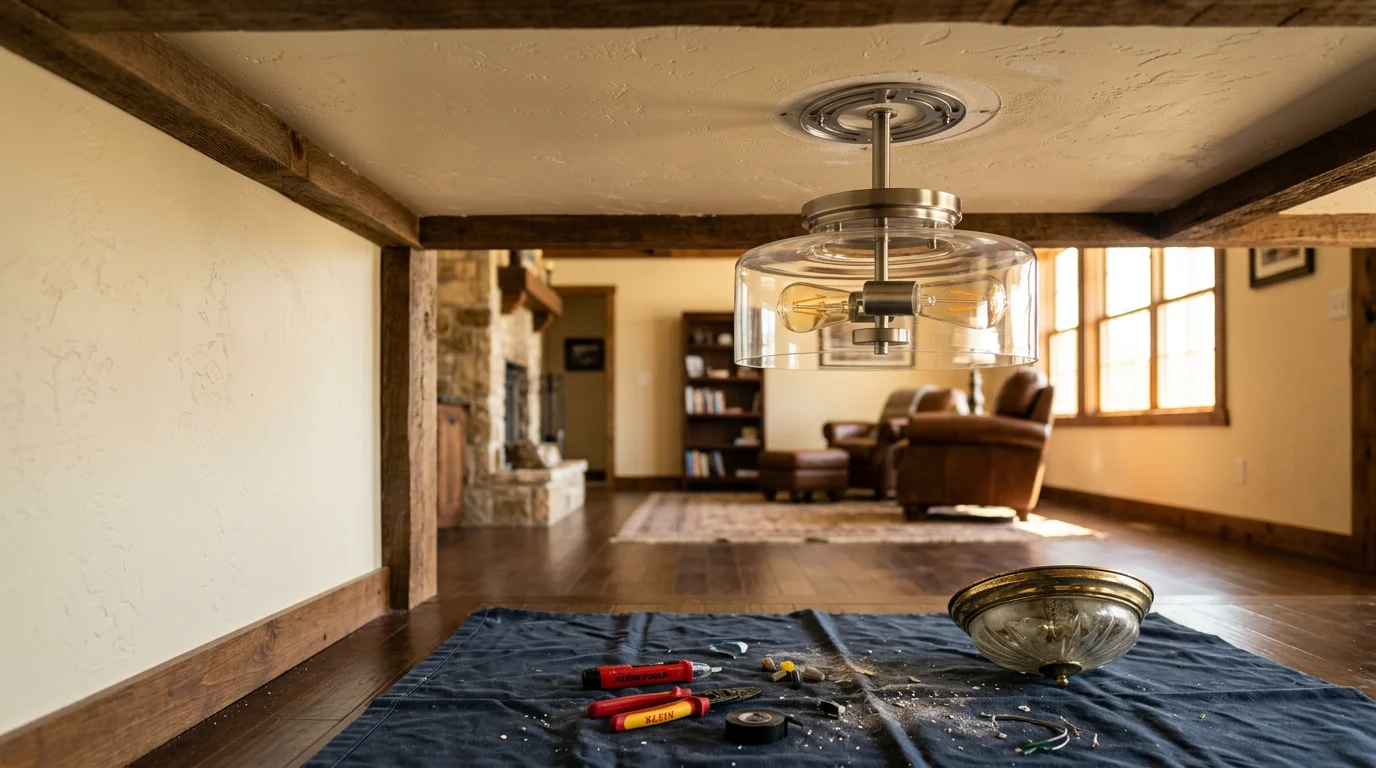 A handyman installing a pendant light fixture over a kitchen island inside a single-family home in Bulverde, Texas. The old builder-grade fixture has been removed and the new pendant is being secured to the ceiling mounting box.