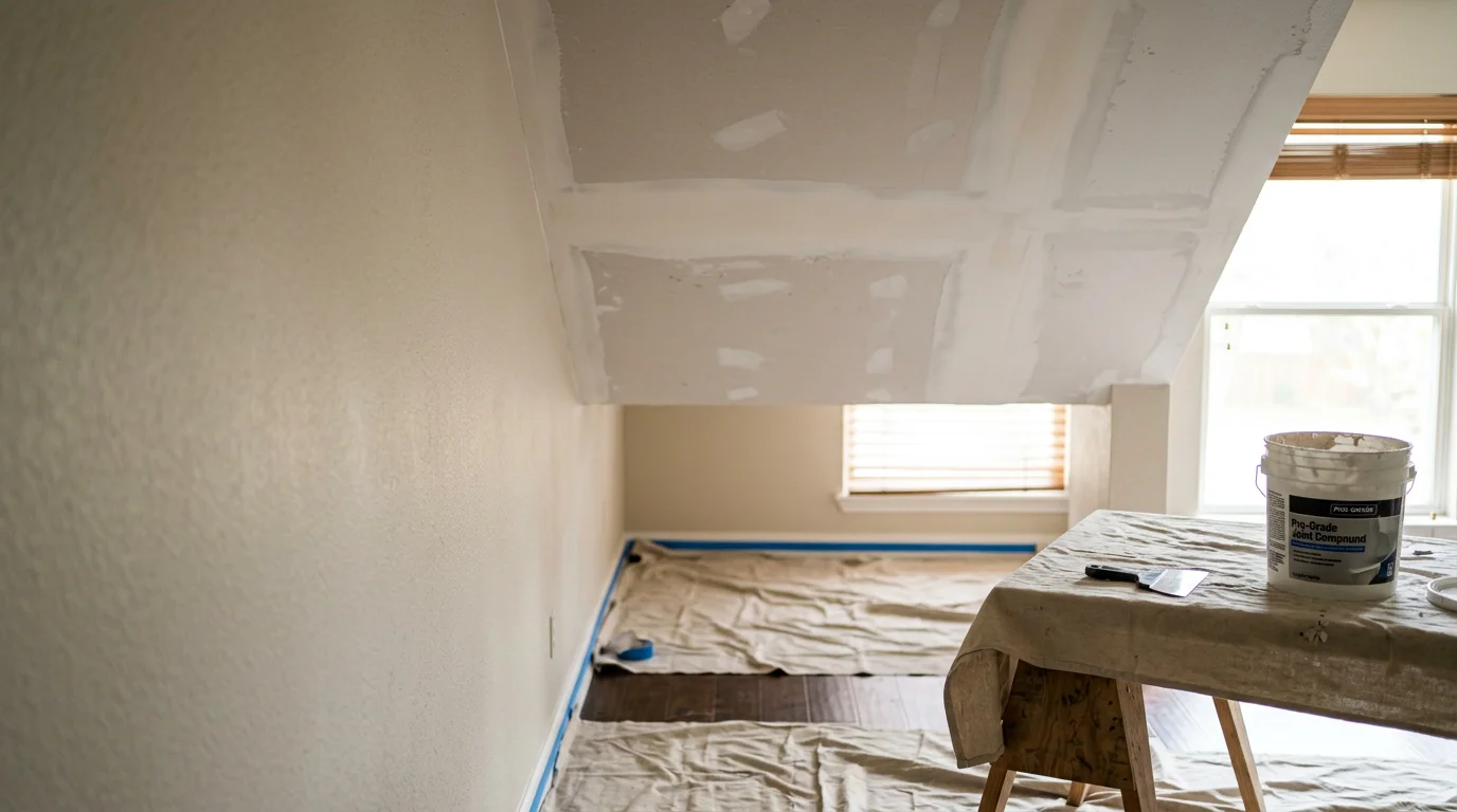 A Bulverde living room ceiling after professional popcorn texture removal, showing a smooth, freshly patched drywall surface ready for paint. The room is bright and clean with no texture debris visible on the floors or walls below.