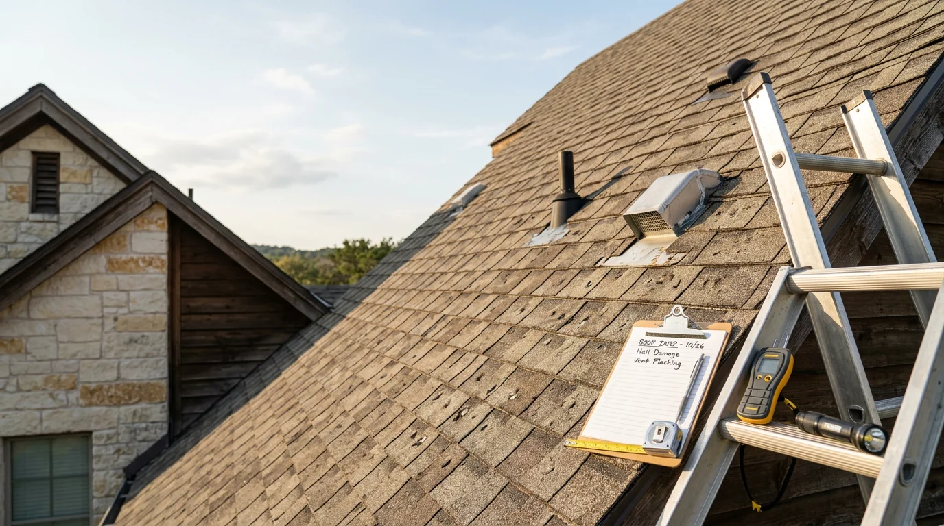 A roofing contractor from True Handyman Services inspecting shingles and flashing on a steep-pitch Hill Country home in Bulverde, Texas. Close-up view of the roof surface showing granule condition and ridge cap detail under a clear Texas sky.