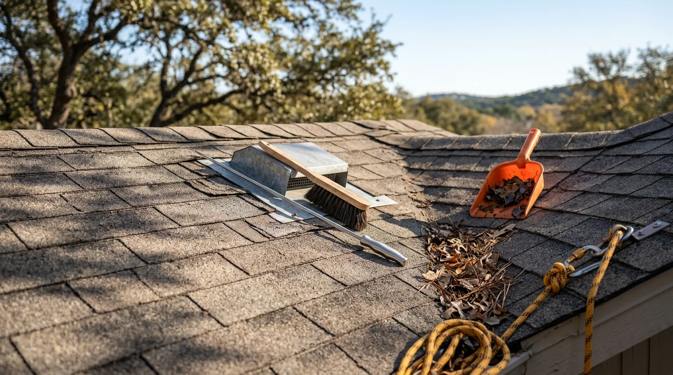 A roofing contractor performing maintenance on a residential roof in Bulverde, Texas, checking flashing and clearing debris from gutters on a Hill Country home with mature oak trees in the background.