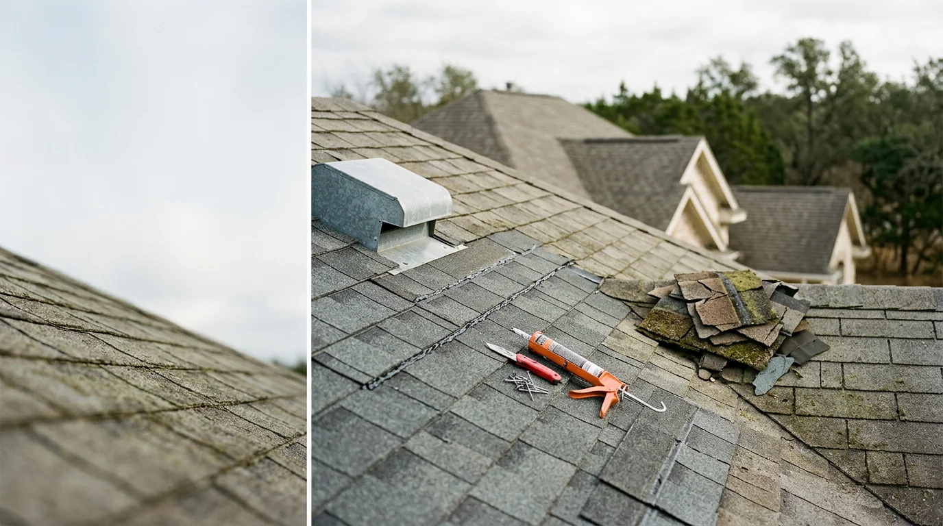 A repaired residential roof on a Bulverde, Texas home showing replaced shingles and sealed flashing after hail and wind storm damage. The Hill Country landscape is visible in the background.