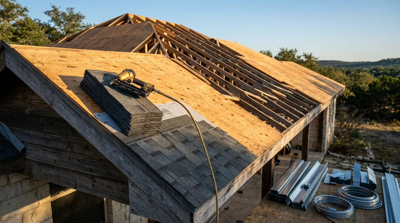 A completed roof replacement on a single-family home in Bulverde, Texas, showing new shingles installed across a multi-pitch roofline with Hill Country terrain visible in the background. The finished surface is uniform and clean with no visible patching or wear.