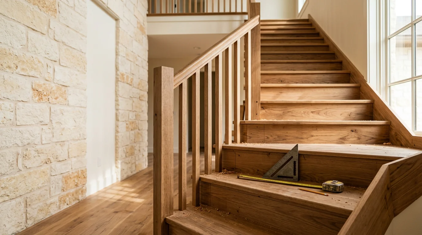 Newly installed interior wood staircase in a two-story Bulverde home, showing even treads, a solid railing, and clean trim work consistent with Hill Country-style interior finishes.