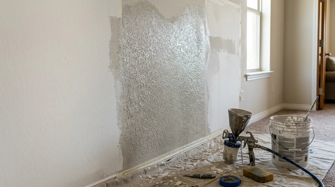 A freshly textured interior wall in a Bulverde Hill Country home showing a smooth knockdown finish ready for paint. The surface is even and consistent with no visible seams or patch marks.