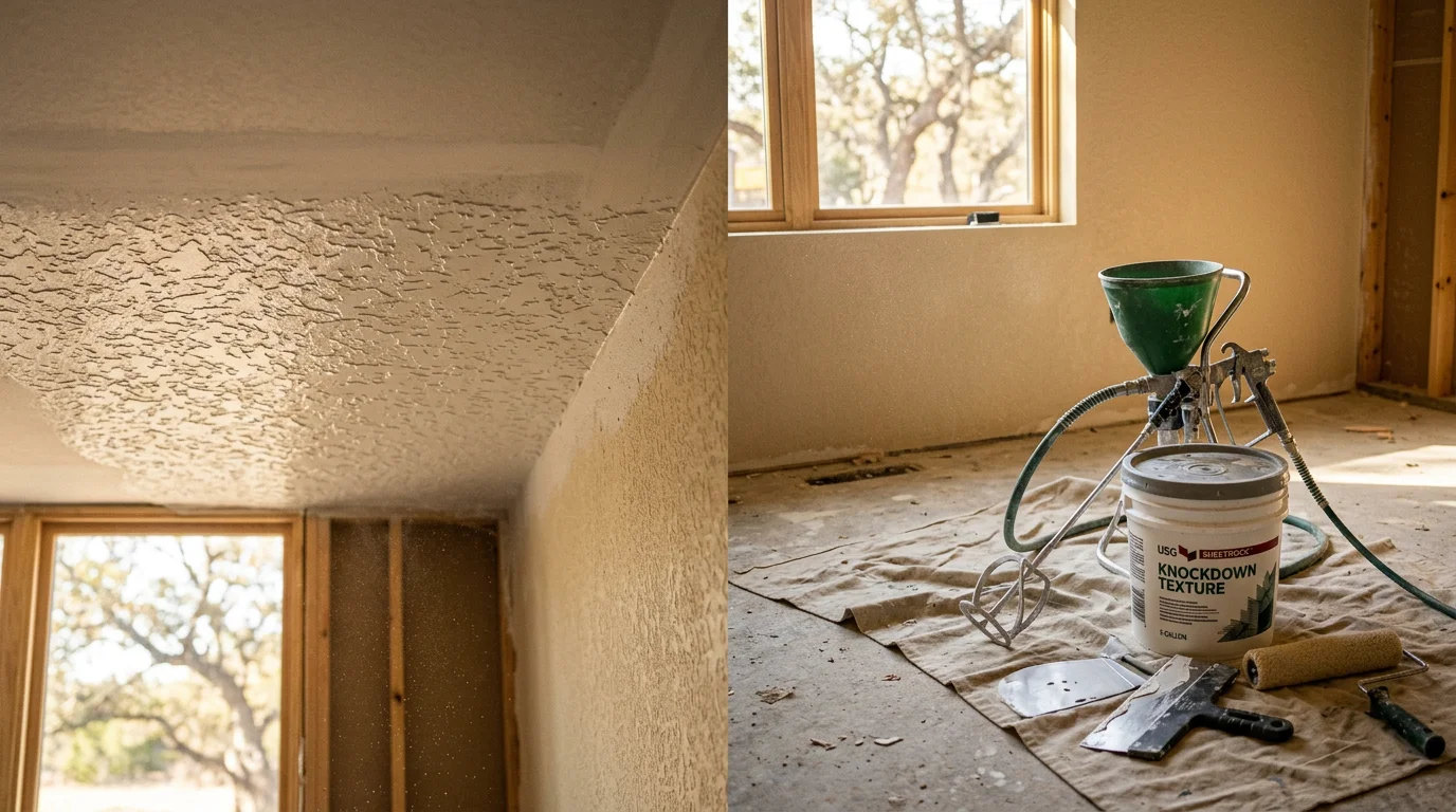 A freshly textured interior wall in a Bulverde, Texas home showing a smooth knockdown finish ready for paint. The surface is even with no visible seams or patch lines.